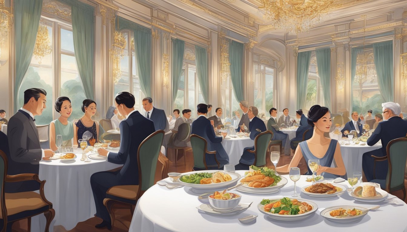 Customers enjoying a variety of gourmet dishes in an elegant dining room with opulent decor and attentive service at the Imperial Restaurant in Singapore