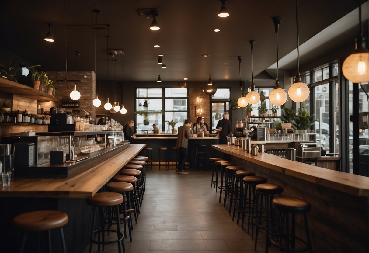 A bustling coffee bar with modern decor, hanging pendant lights, and a variety of seating options. The barista expertly crafts drinks behind the counter while customers chat and enjoy their beverages