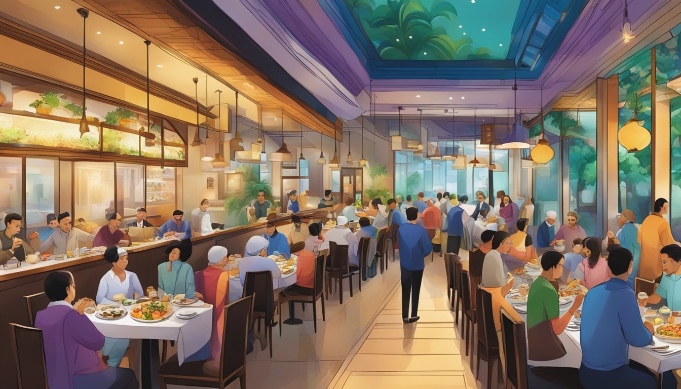 People dining at a bustling kosher restaurant in Singapore, with colorful decor and a diverse menu