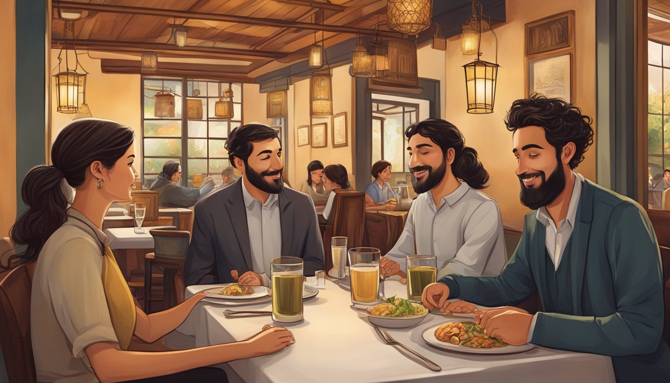 Customers discussing menu options at a cozy table, while waitstaff attend to other diners. The ambiance is warm and inviting, with traditional decor and the aroma of delicious kosher cuisine filling the air