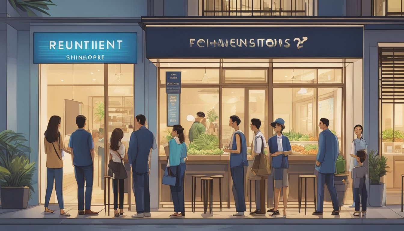 Customers line up at the entrance of a modern kosher restaurant in Singapore, with a sign displaying "Frequently Asked Questions" prominently in the window