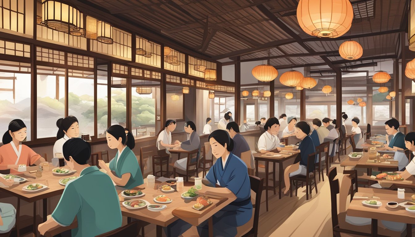 A bustling Japanese restaurant with traditional decor, low tables, and paper lanterns. Customers enjoy sushi and sashimi while waitstaff bustle about