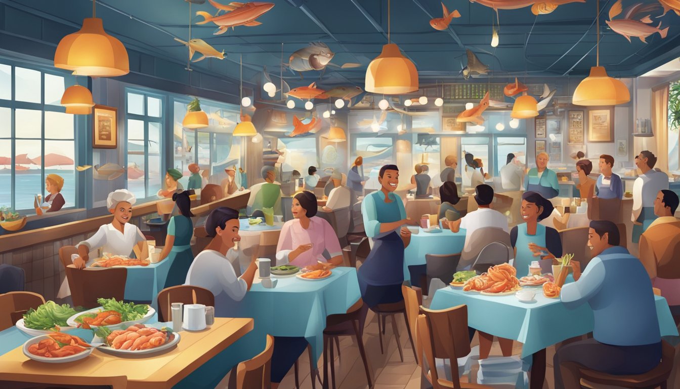 A bustling seafood restaurant with colorful decor, steaming dishes, and lively chatter