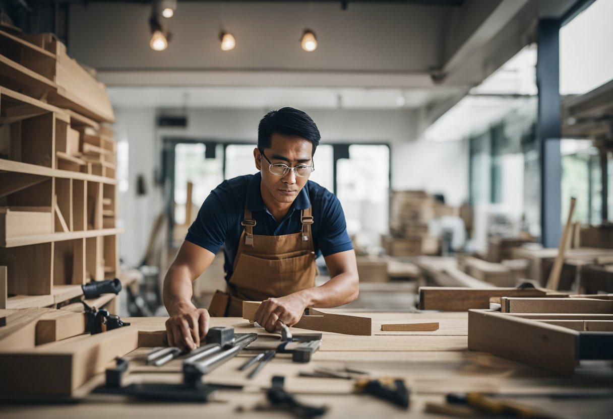 A carpenter in Singapore works on a renovation project, surrounded by tools and materials