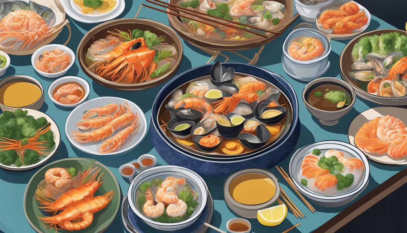 A table set with colorful dishes, chopsticks, and a steaming hot pot of seafood at Tai Son seafood restaurant