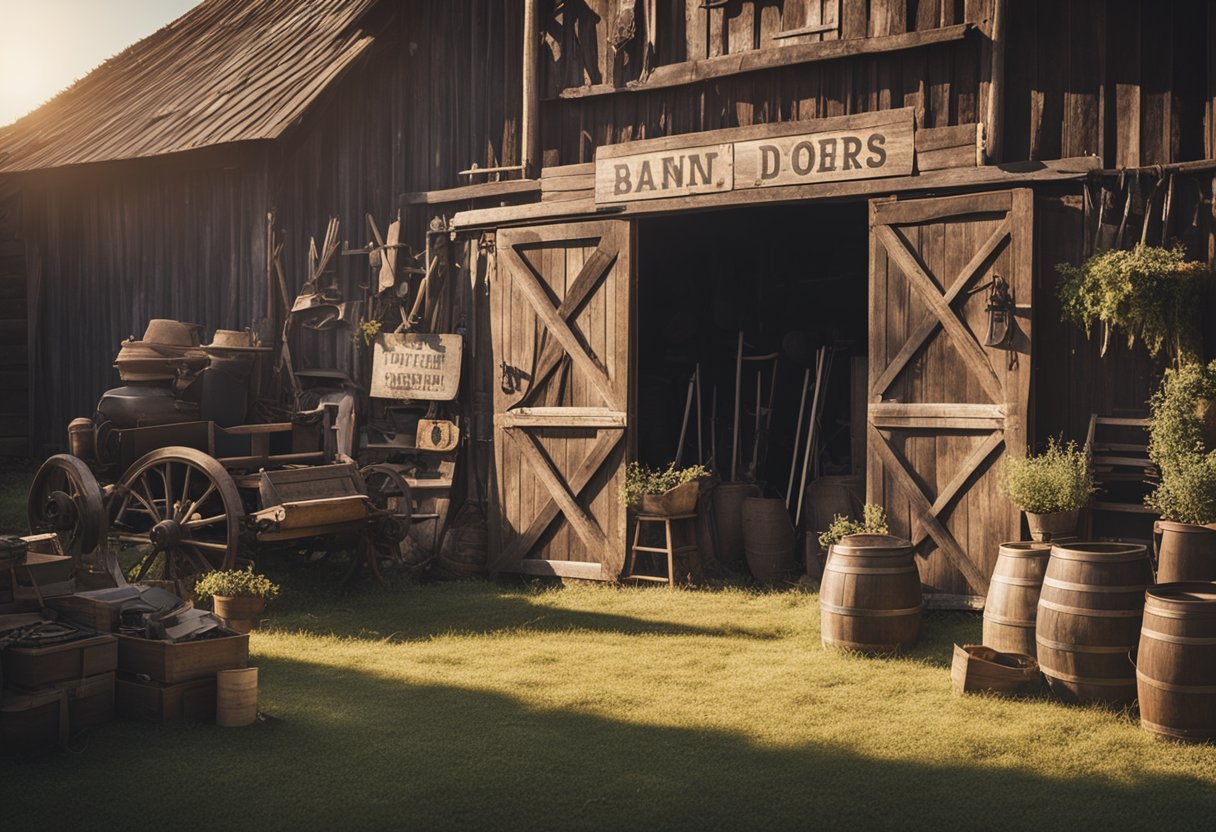 A rustic barn with weathered wood, vintage signage, and antique tools scattered around. Sunlight streams through the open doors, highlighting the worn but charming details
