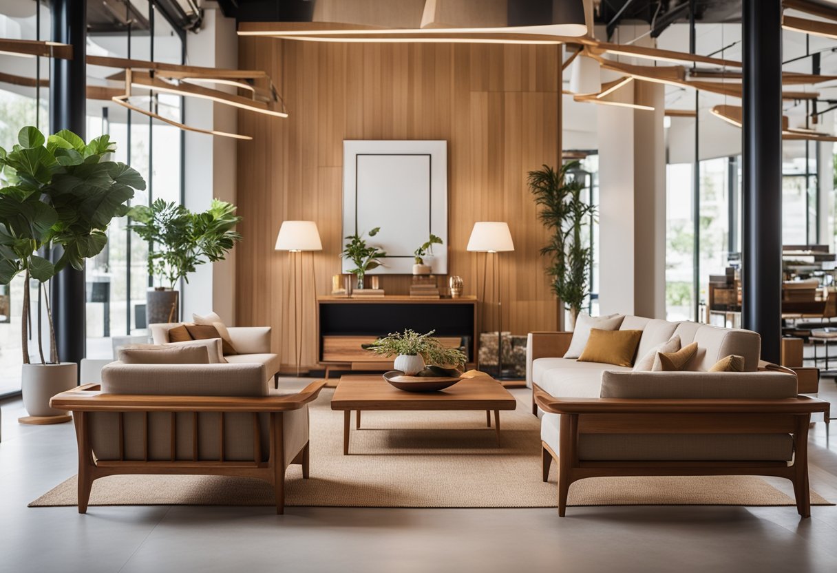 A showroom filled with sleek teak furniture, bathed in warm natural light, showcasing the elegant craftsmanship of each piece
