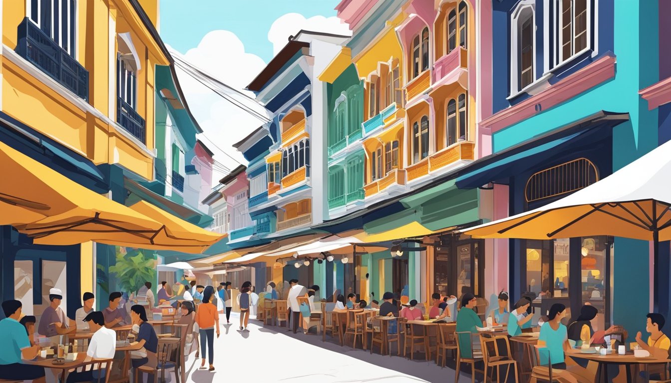 A bustling street lined with colorful Kampong Glam restaurants, with people dining and chatting under vibrant awnings