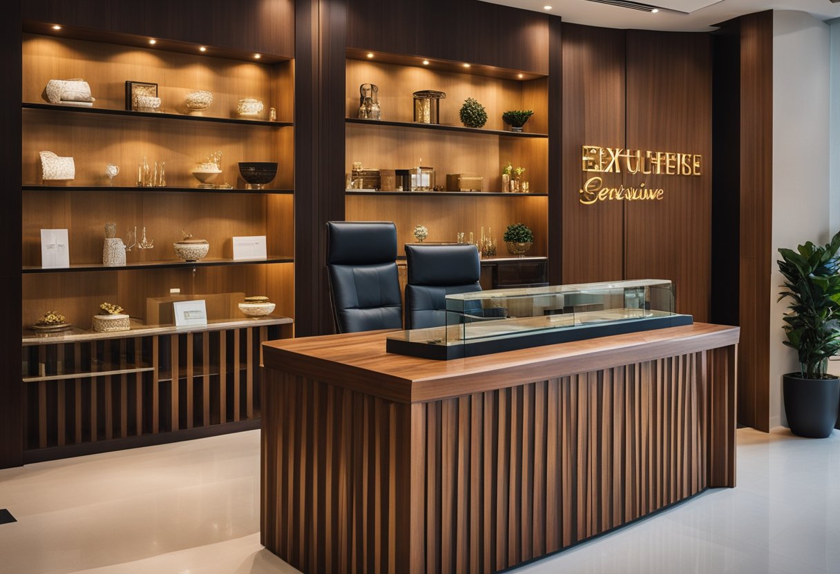 A luxurious display of high-quality teak furniture with signage promoting exclusive offers and services in Singapore