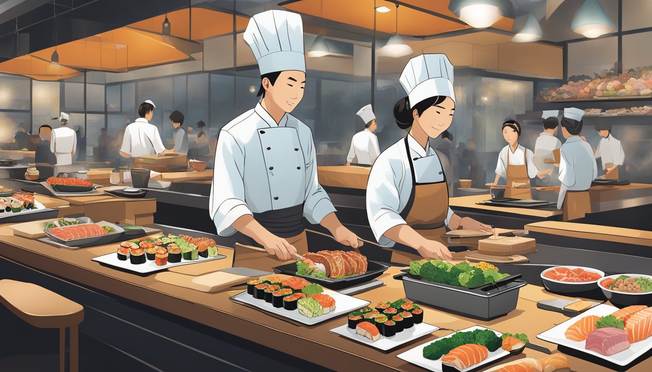 Vibrant sushi platters and sizzling teppanyaki dishes fill the bustling Japanese restaurant at Marina Square, with chefs expertly crafting delicate rolls and grilling savory meats