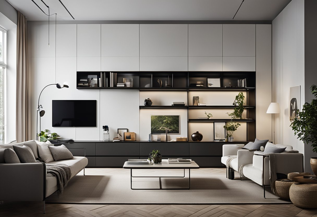 A modern living room with USM furniture, featuring sleek modular shelves and a stylish modular table
