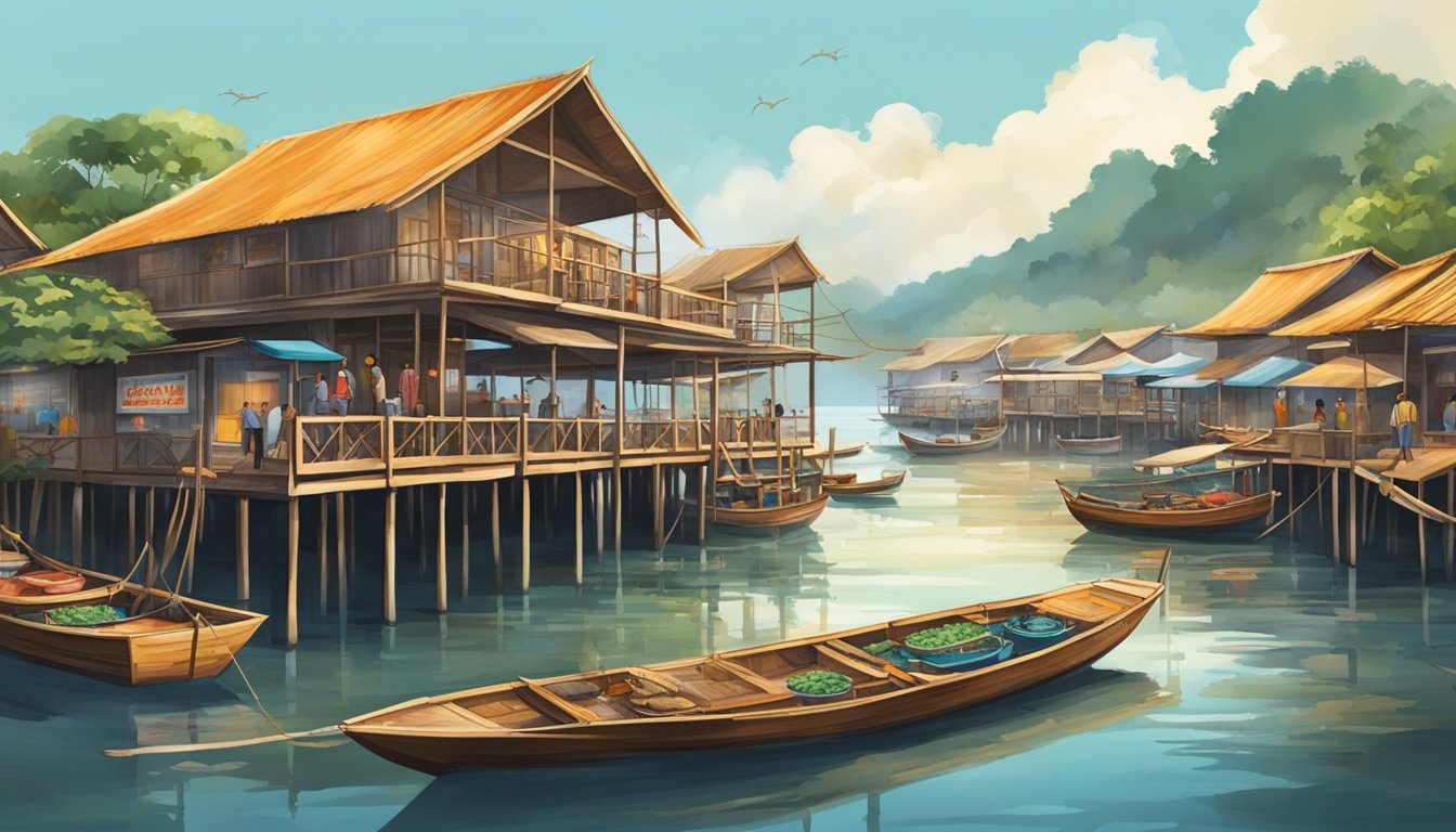 A bustling kelong seafood restaurant with wooden stilts over the water, surrounded by fishing boats and filled with the aroma of sizzling seafood