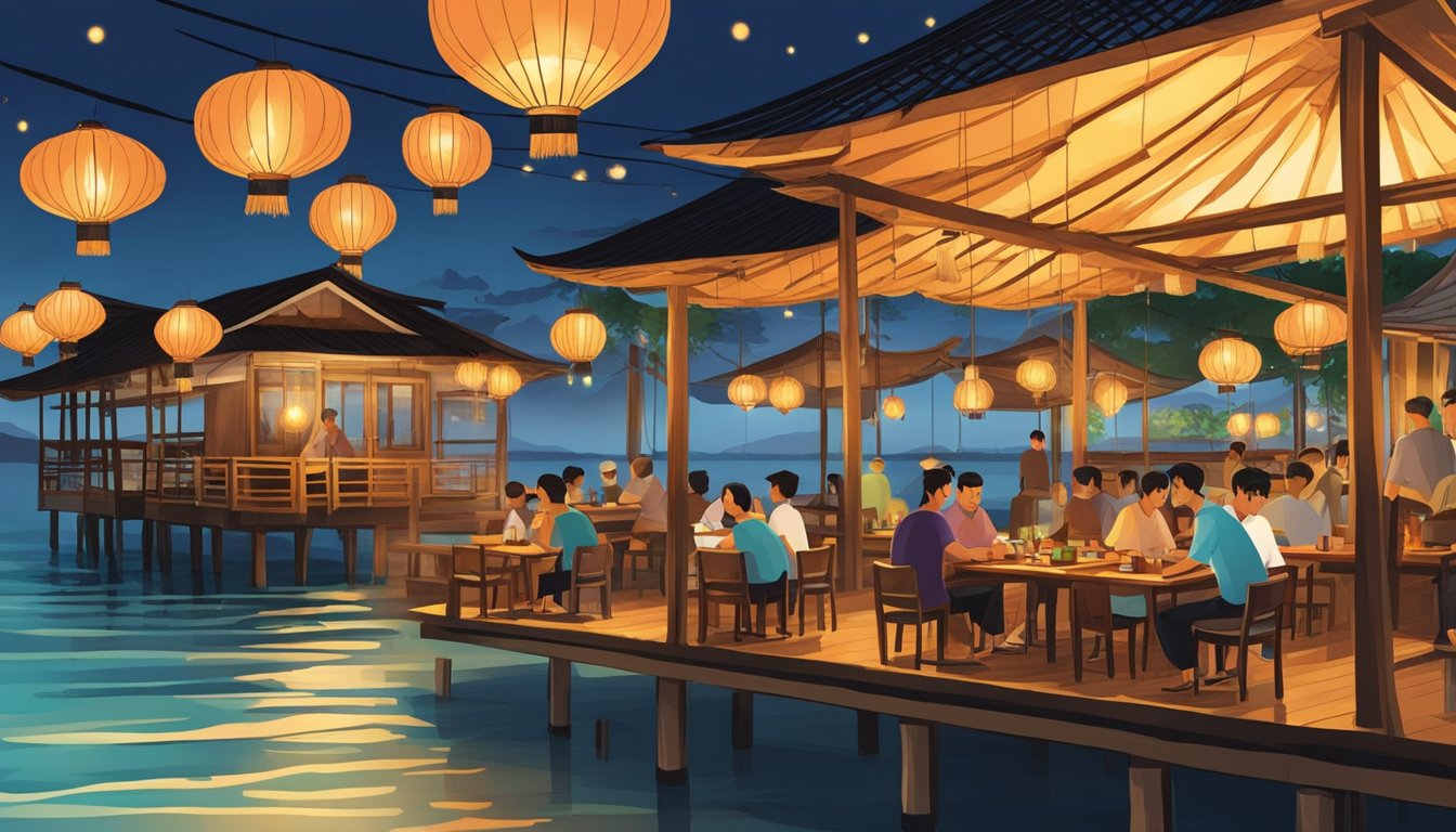 Customers dining on floating platform at Kelong Seafood Restaurant. Lanterns hang overhead, casting warm glow on wooden tables and chairs. Waves gently lap against the stilts