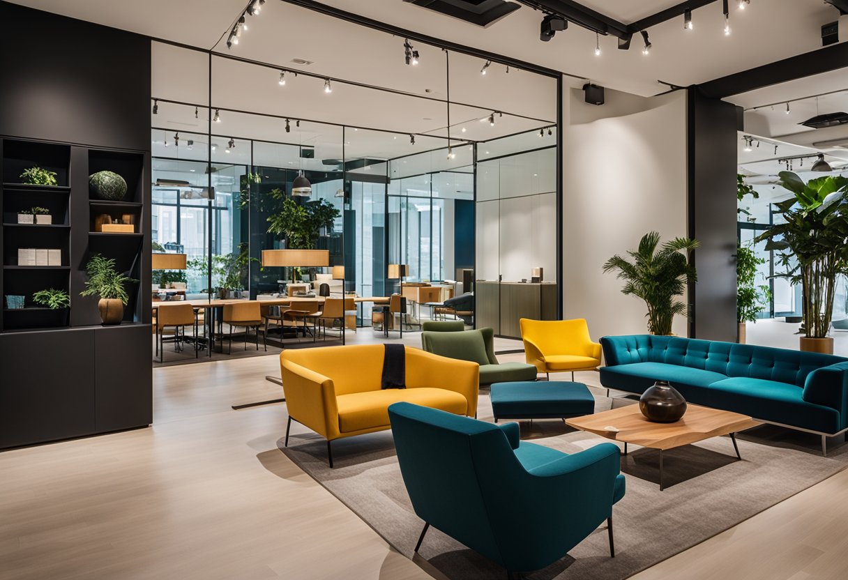 A modern showroom in Singapore showcases USM furniture, with sleek designs and vibrant colors. The space is filled with minimalist yet functional pieces, creating an atmosphere of contemporary elegance