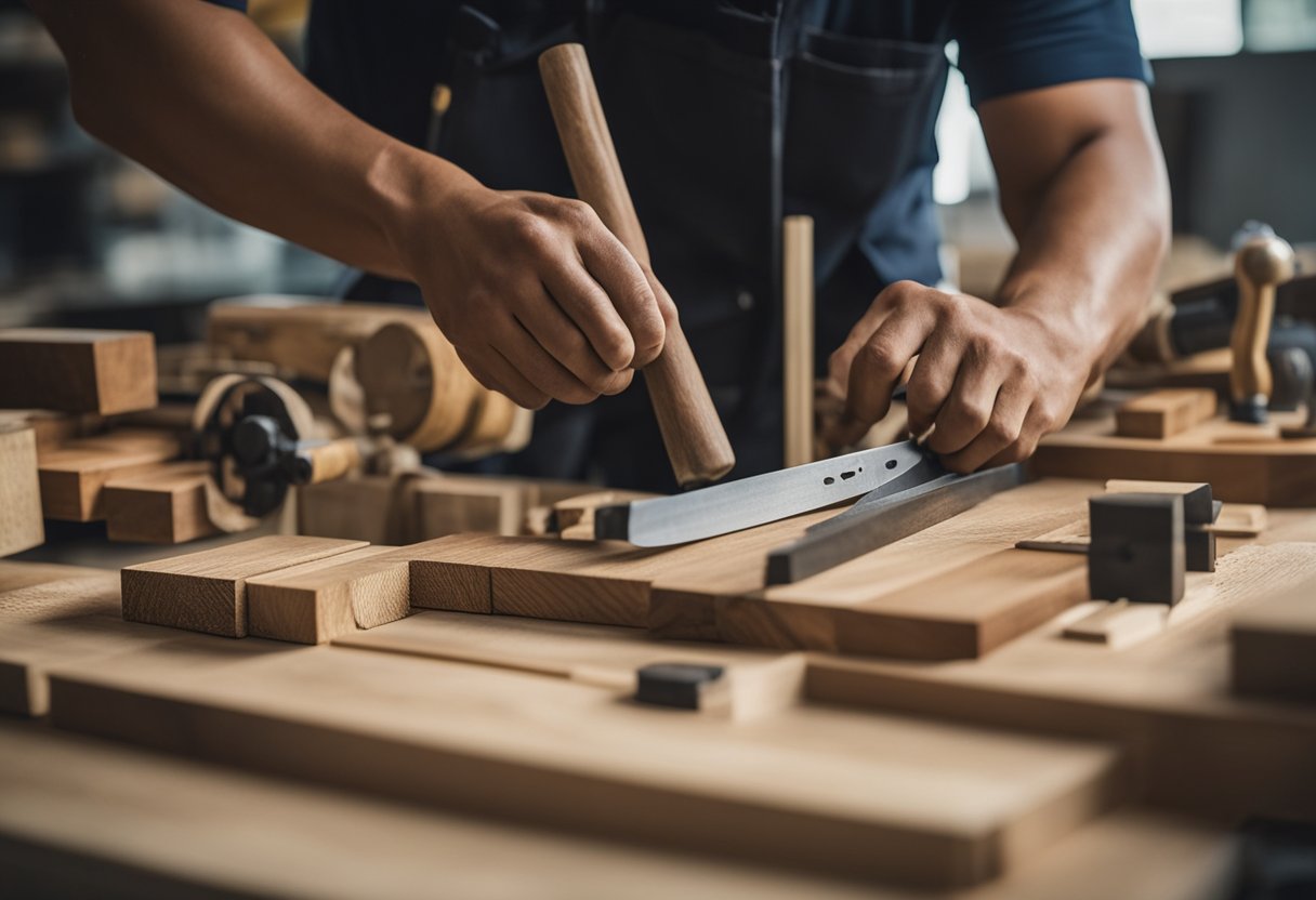 A carpenter in Singapore meticulously measures and cuts wood for a custom project, surrounded by a variety of tools and materials