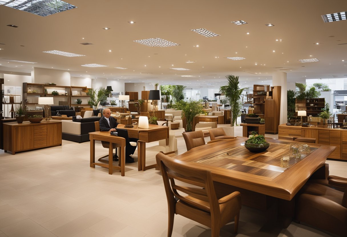 A showroom filled with teak furniture, with customers browsing and staff assisting. Signs displaying "Frequently Asked Questions" are visible throughout the space