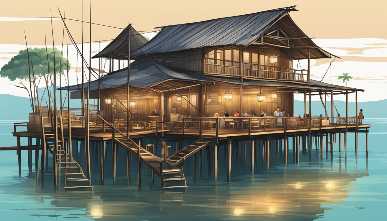 A rustic kelong restaurant on stilts over the sea, with fishing nets, wooden tables, and lanterns, surrounded by tranquil waters