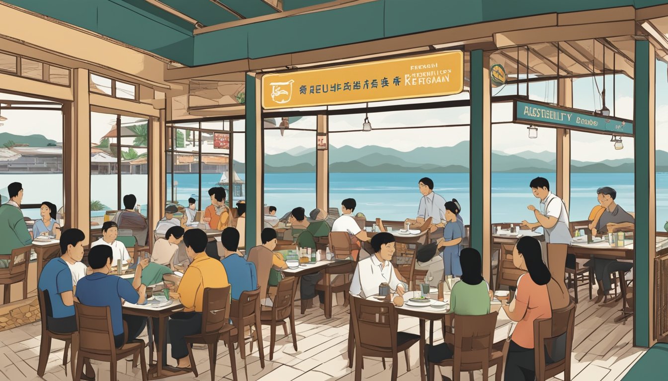 A bustling seafood restaurant with customers enjoying their meals, a sign reading "Frequently Asked Questions kelong seafood restaurant" prominently displayed