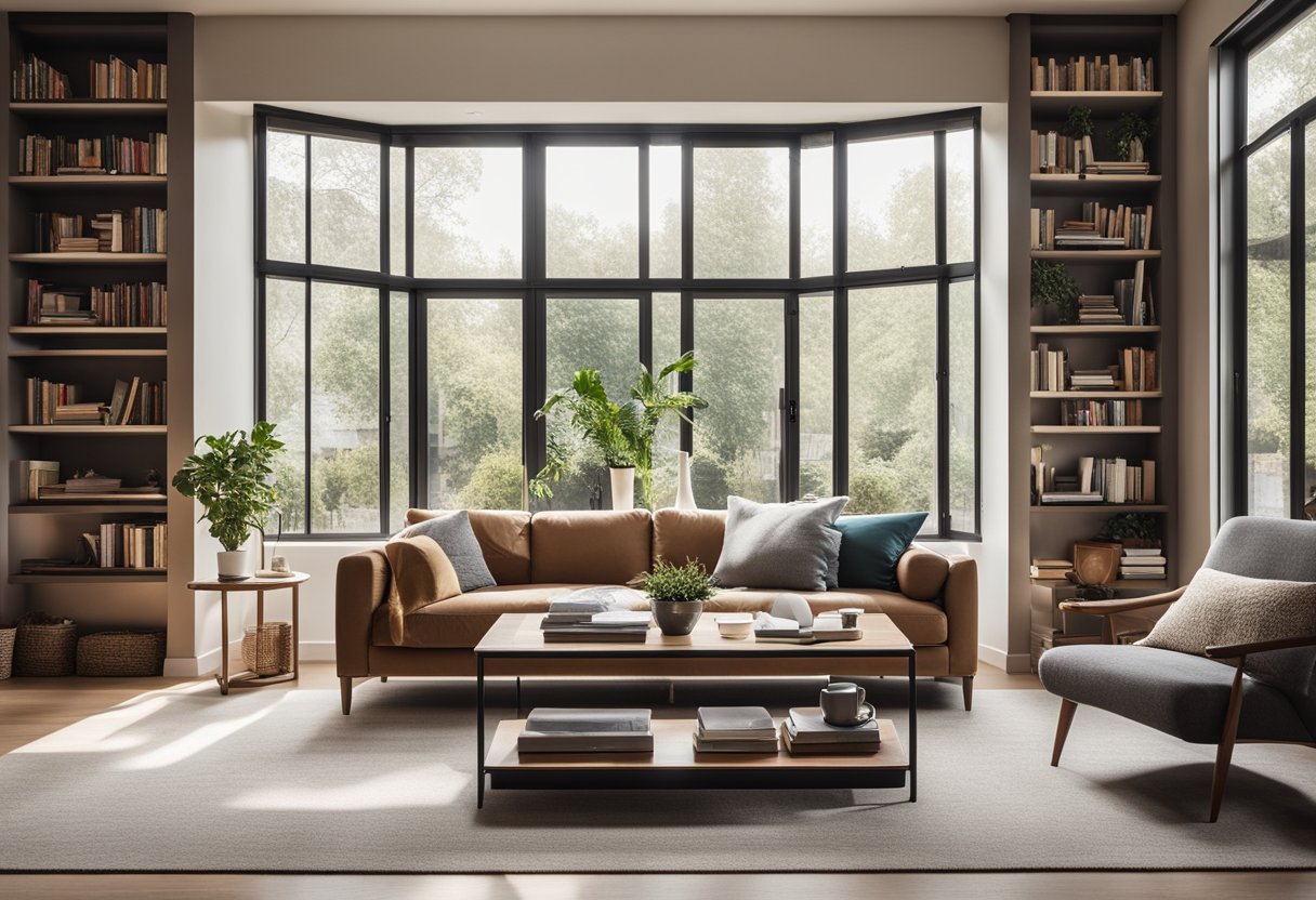 A cozy living room with a sleek, modern sofa and coffee table, surrounded by stylish shelves filled with books and decorative items. A large window lets in natural light, creating a warm and inviting atmosphere