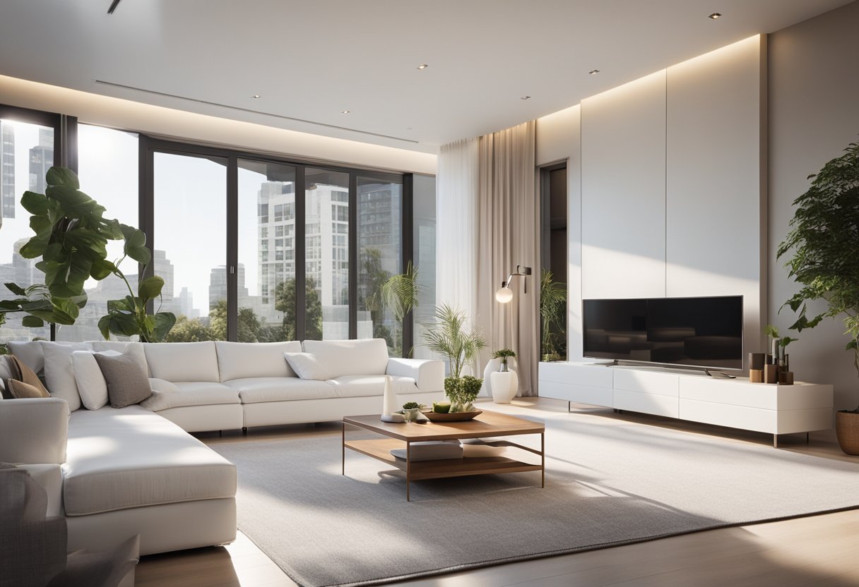 A bright, modern living room with white furniture and clean lines. Sunlight streams in through large windows, casting a warm glow on the sleek surfaces