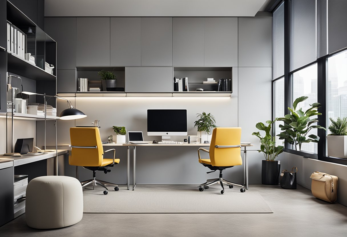 A modern office setting with a sleek and stylish USM furniture display, showcasing the versatility and functionality of the products