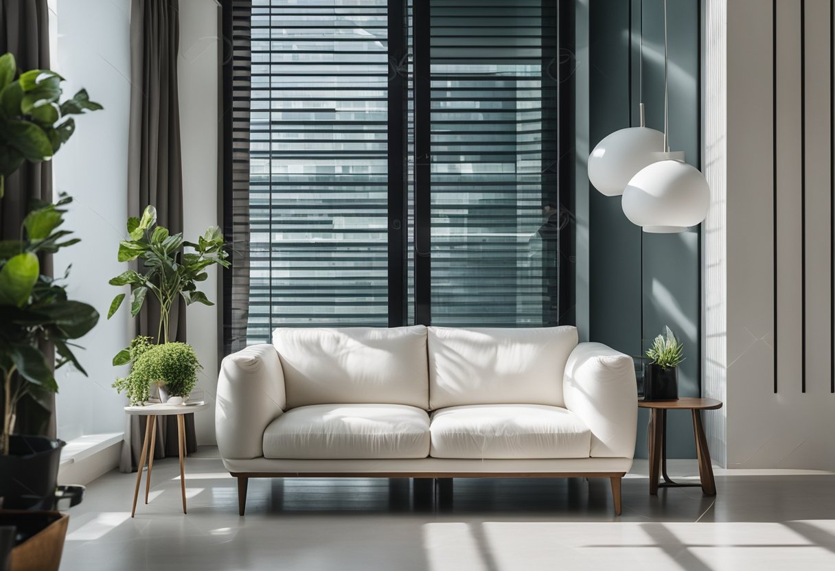 A bright, airy room with sleek white furniture in Singapore. The sunlight streams in, casting soft shadows on the clean lines and minimalist design