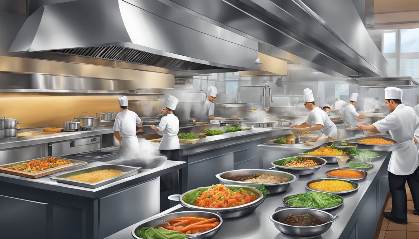 A bustling kitchen with chefs preparing colorful dishes and plating signature meals at Kek restaurant