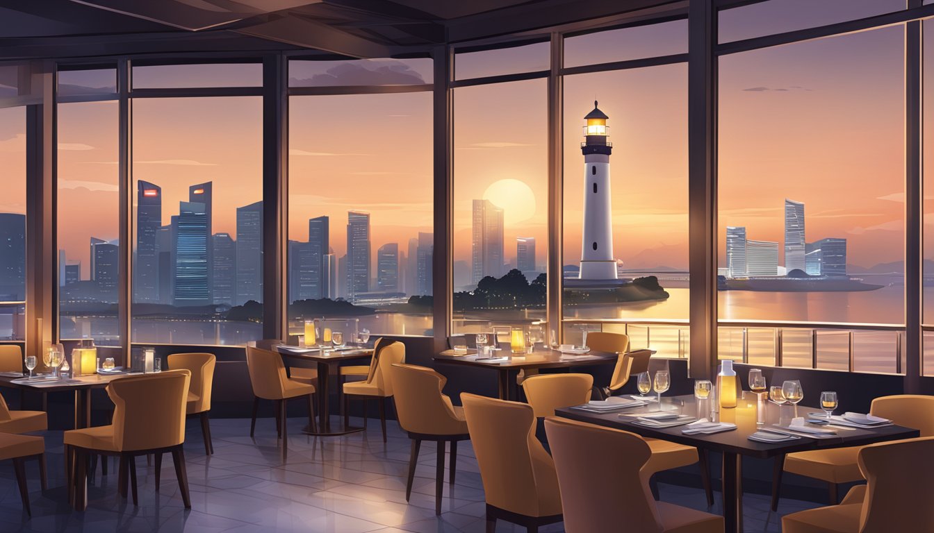 A lighthouse restaurant overlooks the Singapore waterfront, with sleek modern architecture and a glowing beacon atop the building
