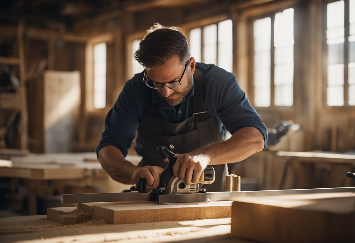 A carpenter measuring and cutting wood with precision tools in a well-lit workshop. Sawdust fills the air as the sound of hammering echoes through the space