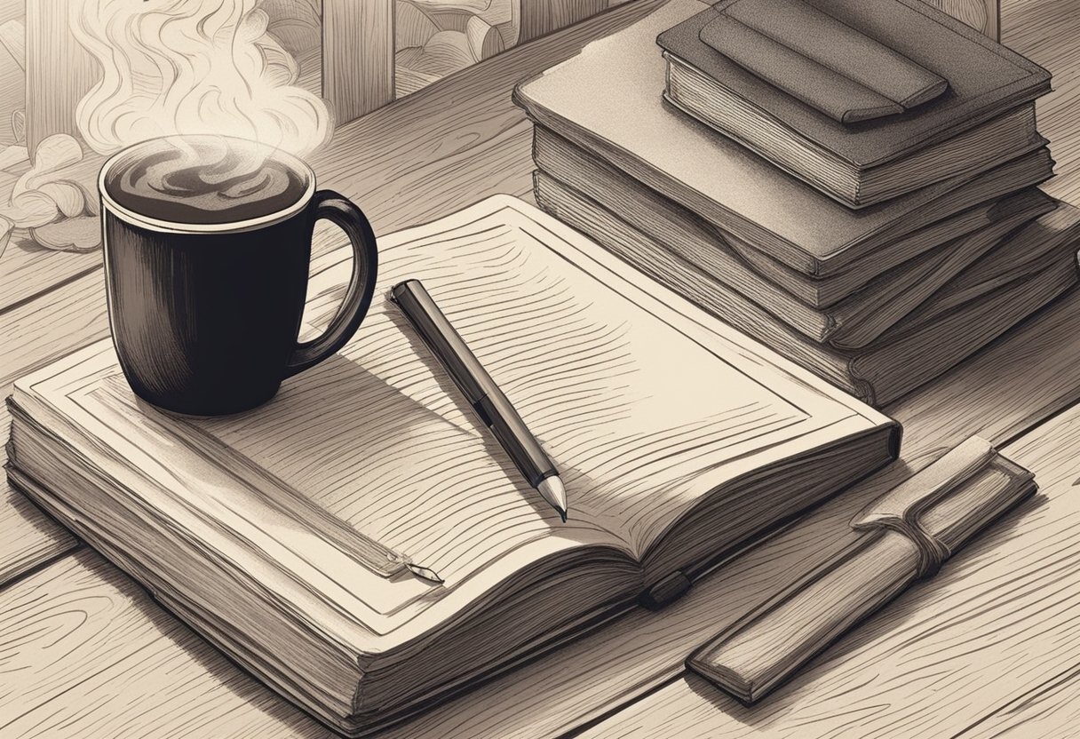 A rustic wooden table covered in vintage baby name books and a notepad, with a pencil and eraser nearby. A mug of steaming coffee sits beside the materials