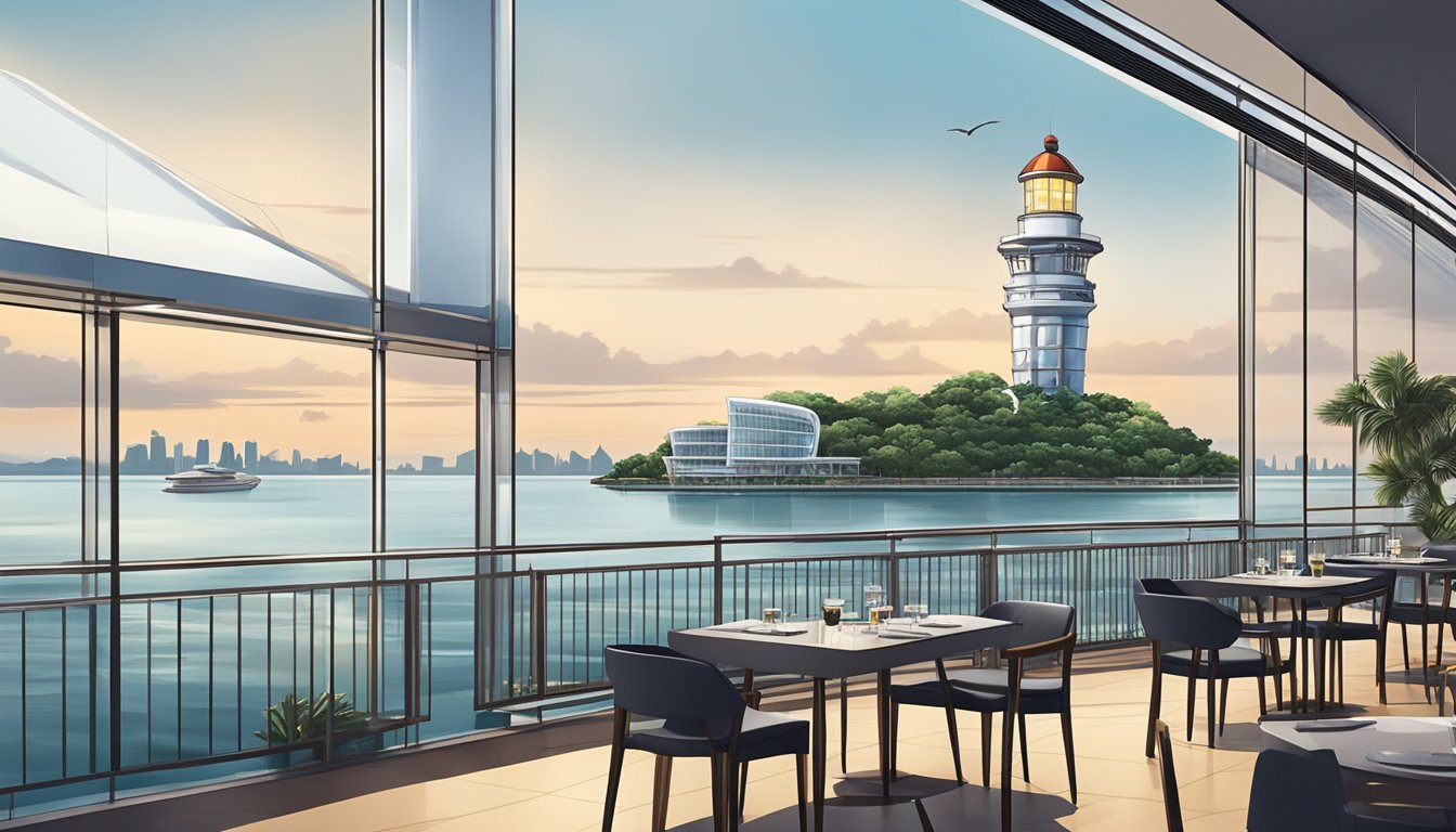 The lighthouse restaurant in Singapore is perched on the edge of the water, with a panoramic view of the city skyline. The modern, sleek design of the building contrasts with the traditional lighthouse structure, creating a unique and picturesque scene