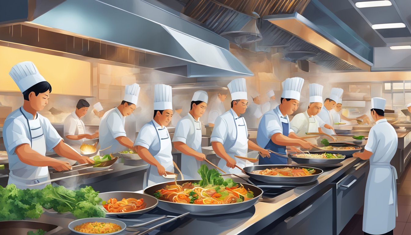 A bustling restaurant kitchen with chefs preparing aromatic Singaporean dishes amidst sizzling woks and colorful ingredients