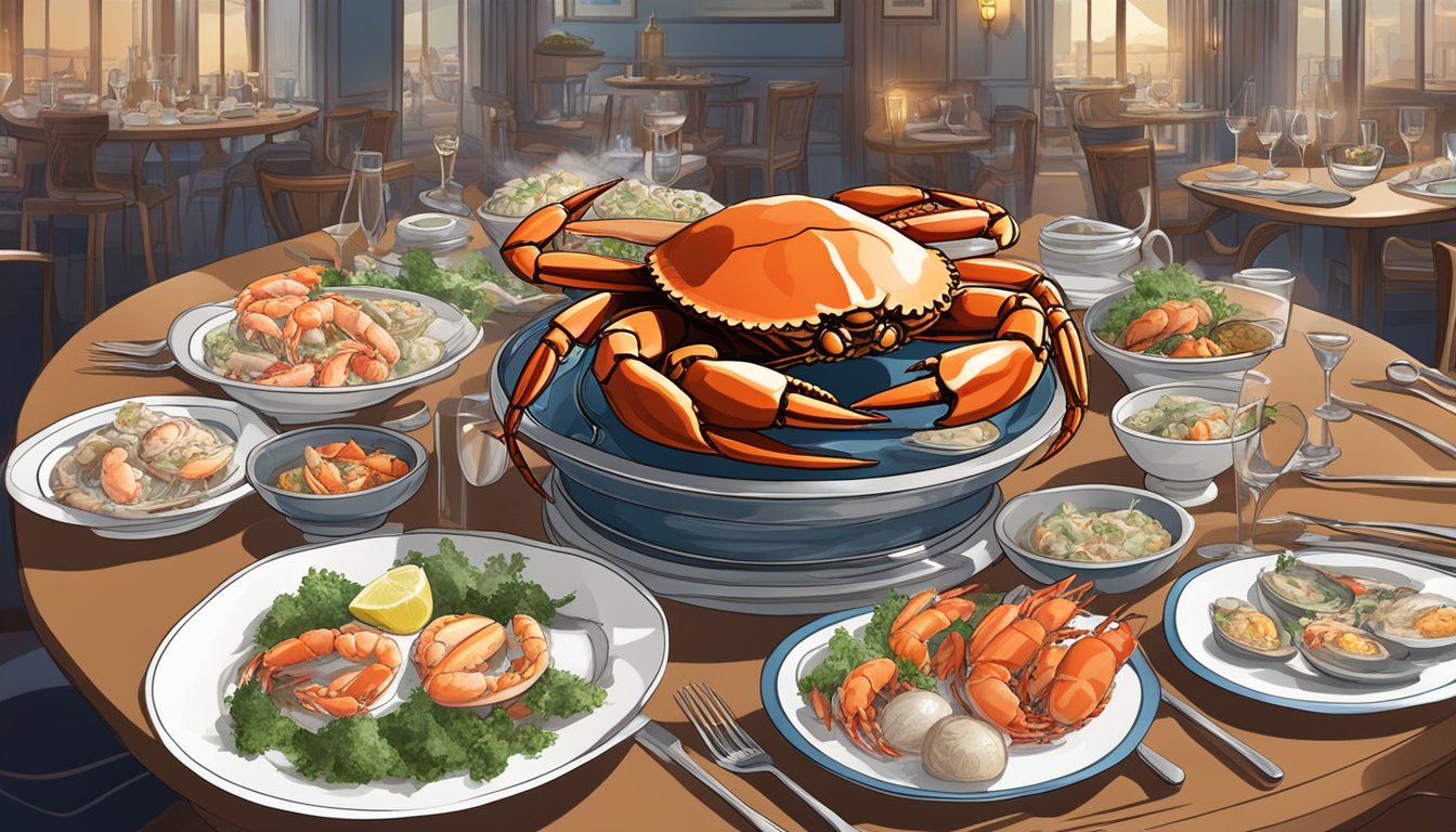 A table set with a steaming crab dish, surrounded by elegant seafood platters and a bustling restaurant ambiance