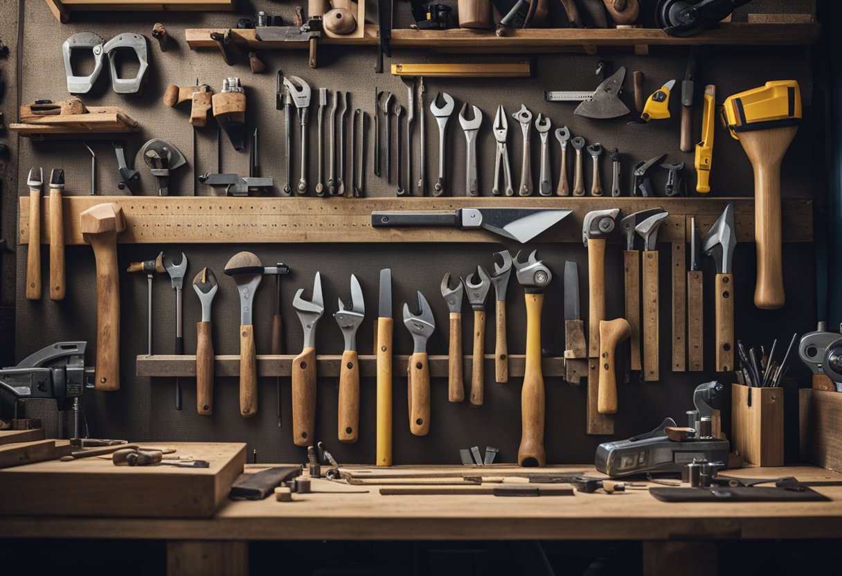 Carpentry tools neatly arranged on a workbench in a well-lit workshop in Singapore. Saws, chisels, hammers, and measuring tapes are visible