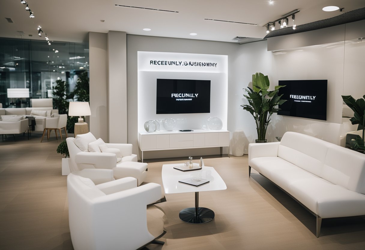 A modern white furniture showroom in Singapore with neatly arranged pieces and a sign reading "Frequently Asked Questions."