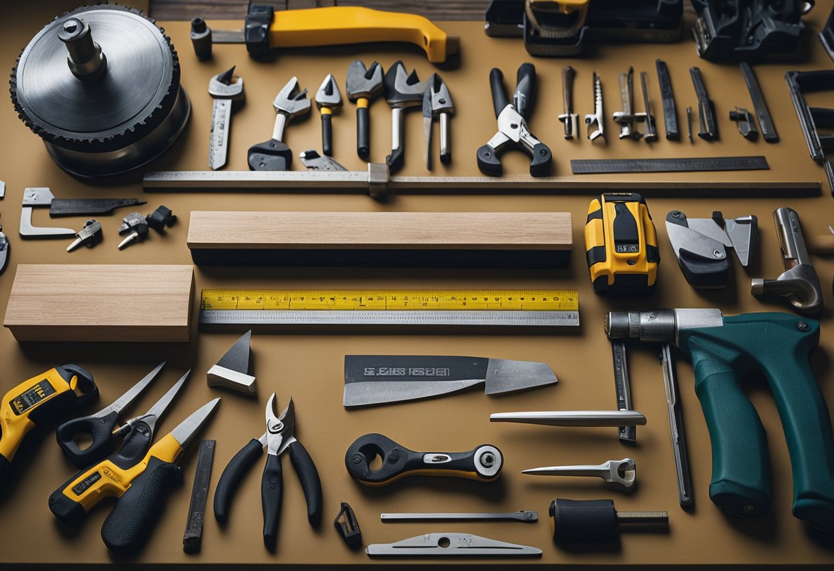 A workbench holds essential carpentry tools in a Singapore workshop. Saws, hammers, chisels, and measuring tapes are neatly arranged on the table