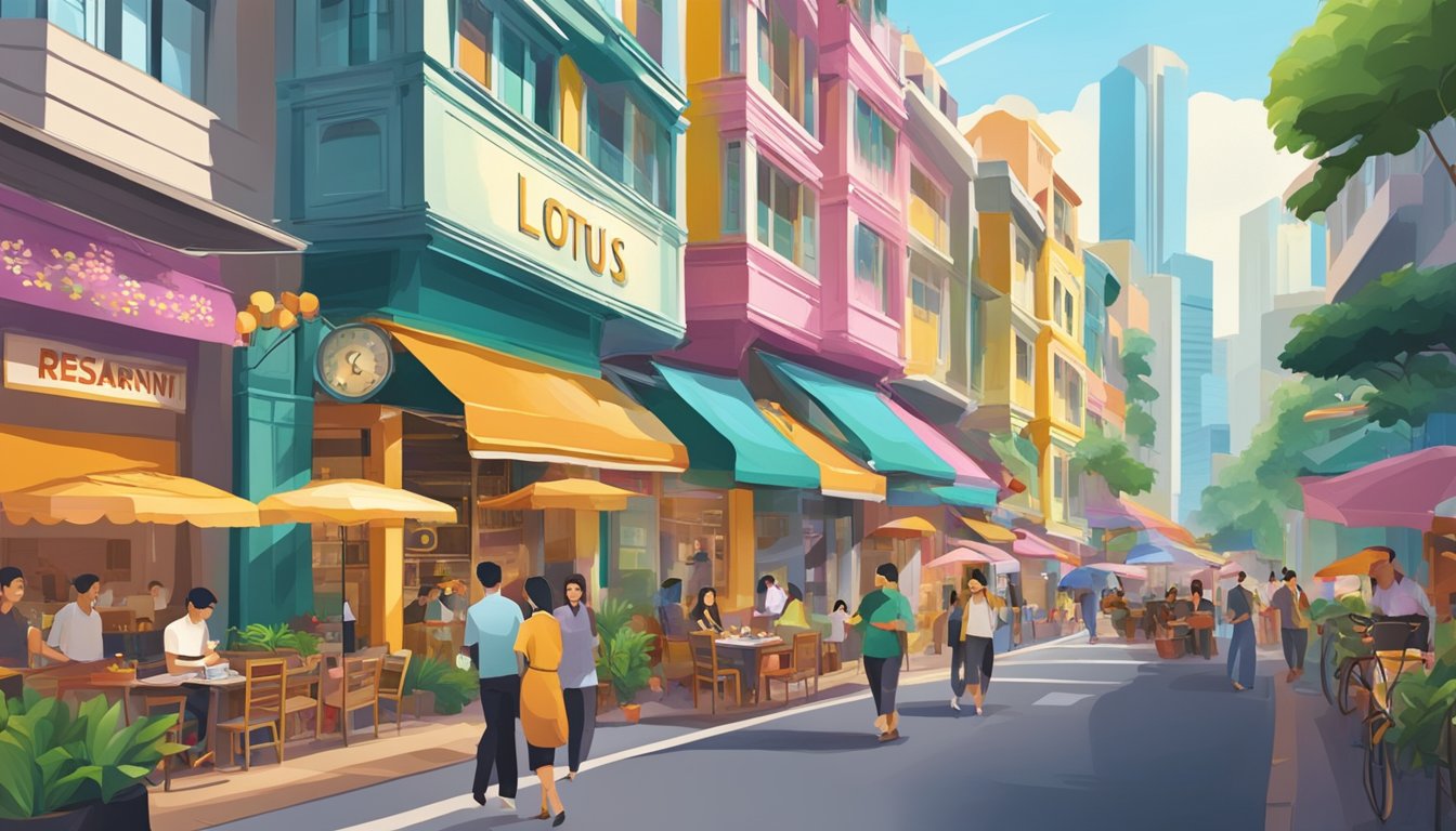 A bustling street in Singapore with a vibrant sign for Lotus Restaurant, surrounded by colorful buildings and bustling with activity