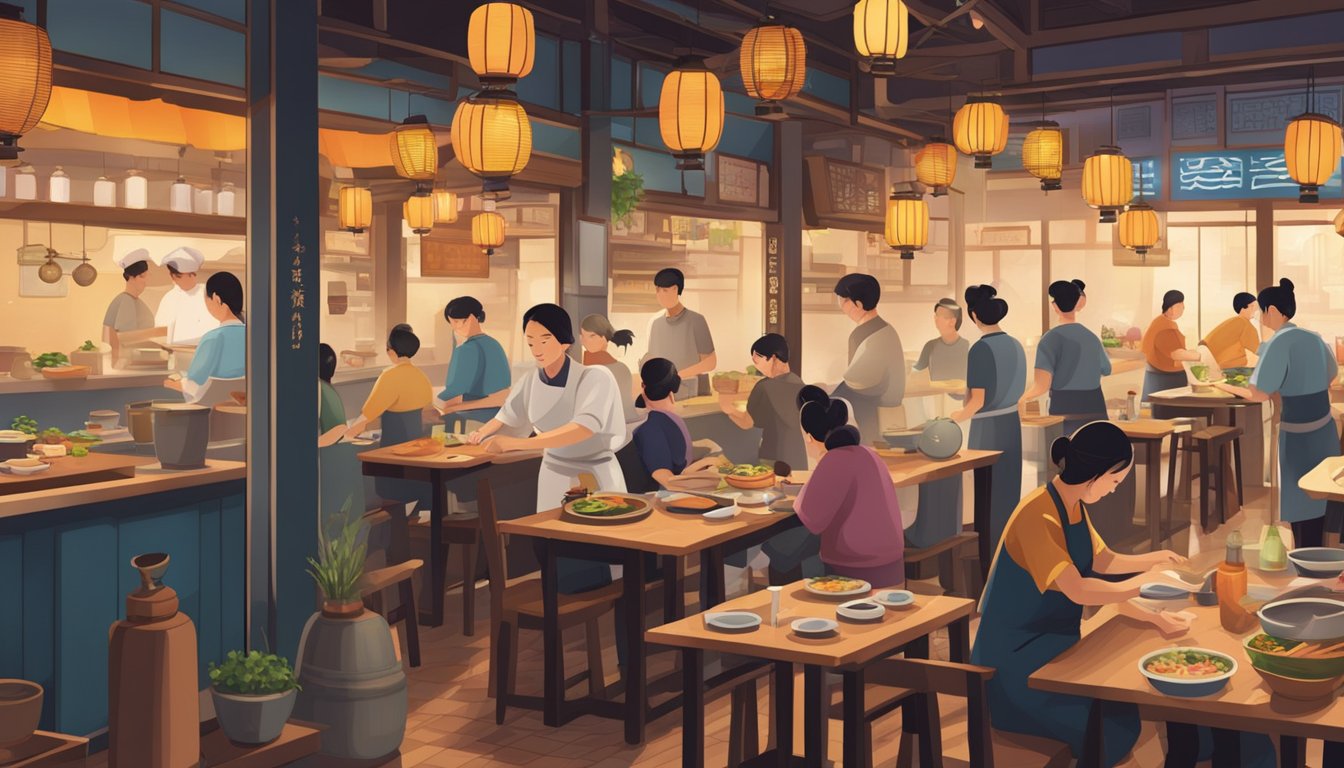 A bustling Korean restaurant on Amoy Street, with traditional lanterns and wooden tables. A chef cooks up sizzling dishes in the open kitchen