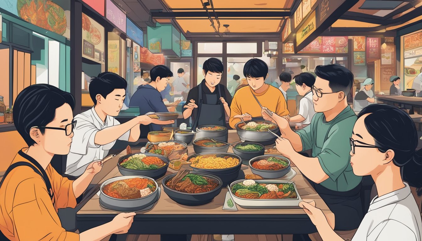 Customers savoring bibimbap and kimchi at a bustling Korean restaurant on Amoy Street, surrounded by vibrant murals and the aroma of sizzling meats