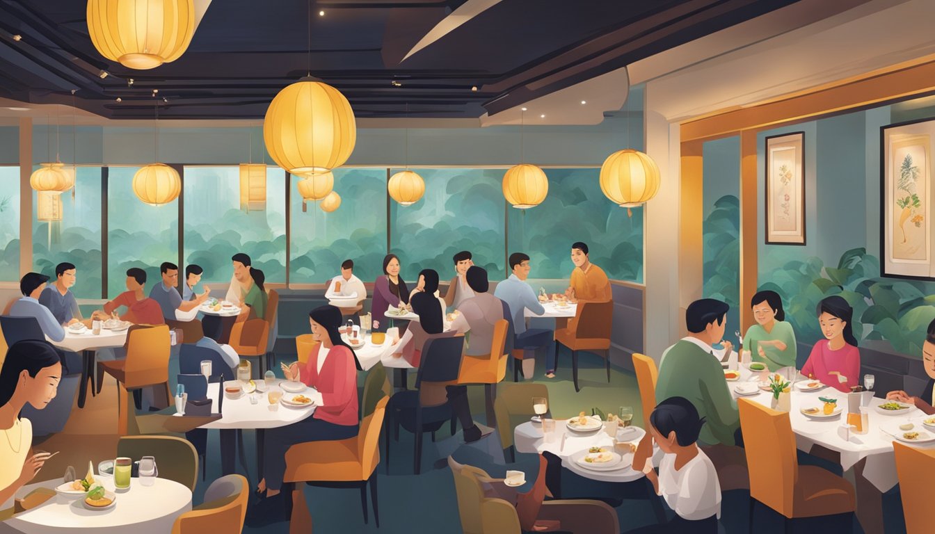 Diners enjoying the vibrant atmosphere at Lotus Restaurant in Singapore, savoring the diverse menu options
