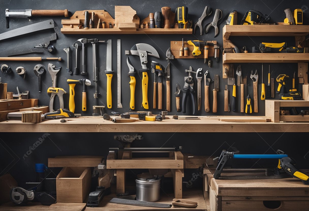 A carpenter's workbench with various tools and equipment, including saws, hammers, chisels, and measuring tapes, organized and ready for use