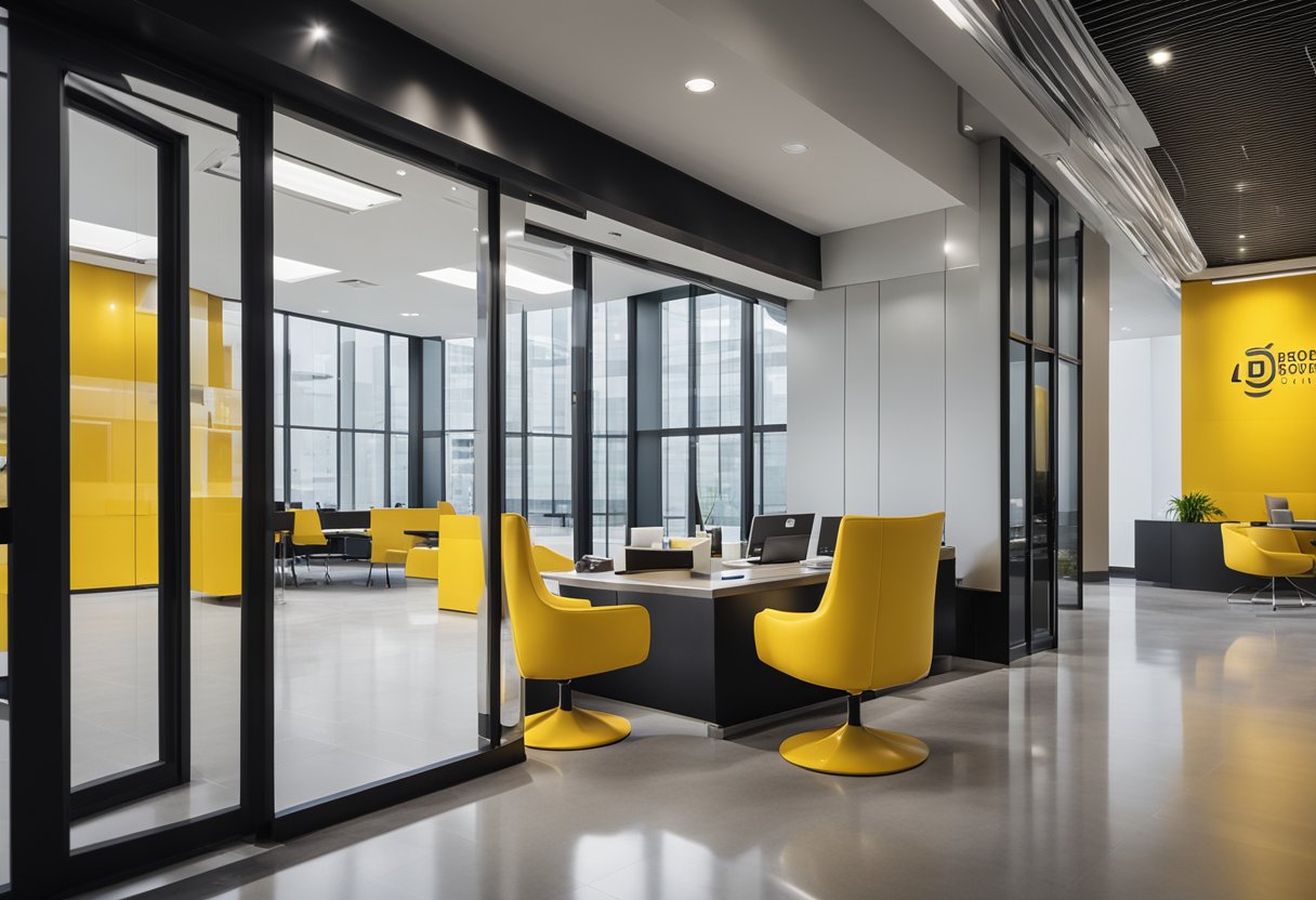 Bright yellow boots logo on a sleek, modern office building with a clean, minimalist interior design