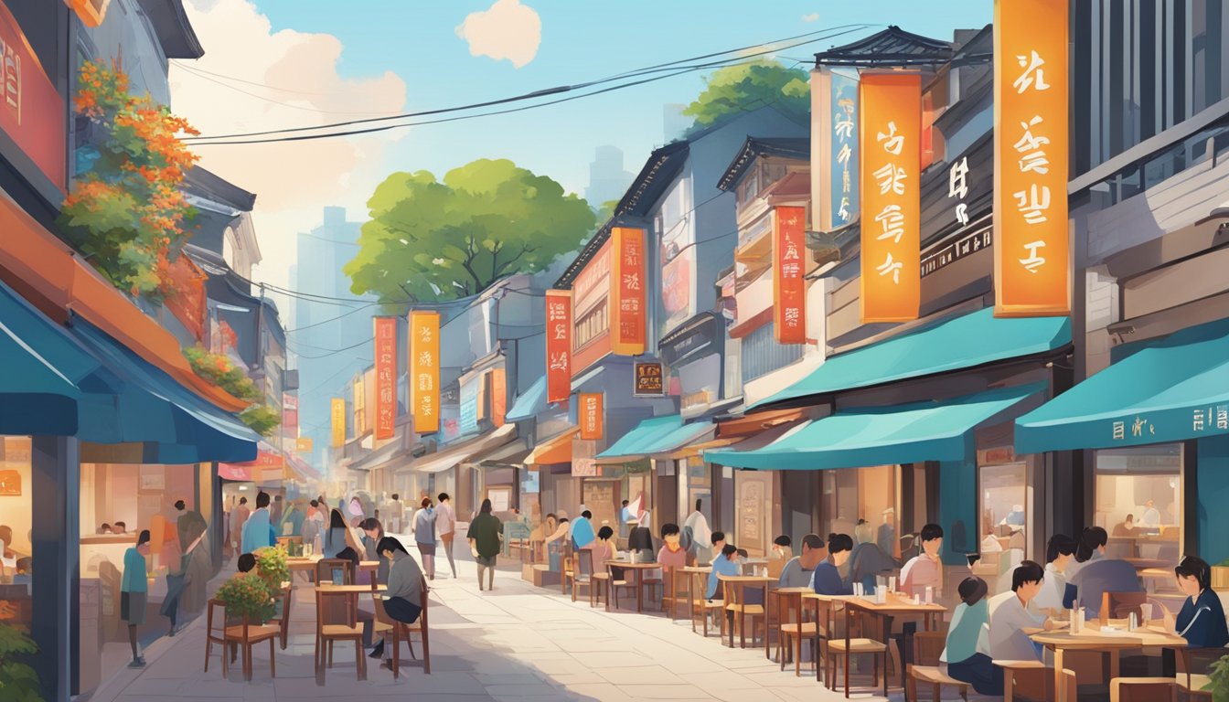 The bustling street is lined with colorful Korean restaurants, with bright signs and outdoor seating. A mix of locals and tourists fill the area, creating a lively and vibrant atmosphere