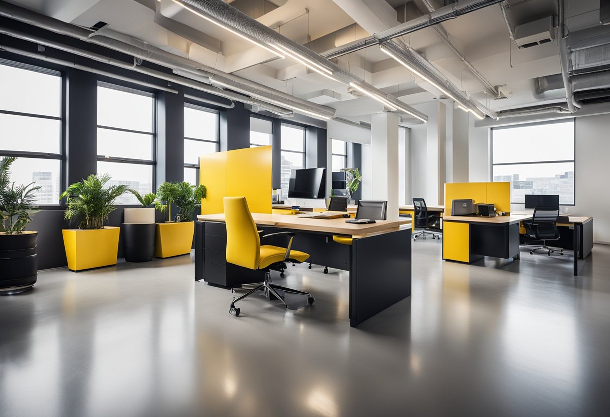 A modern, sleek office space with bold yellow accents and innovative design elements. Tools and materials neatly organized, showcasing the company's attention to detail