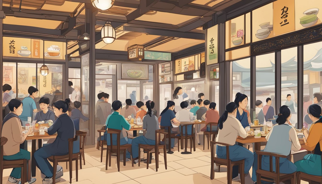 A bustling Korean restaurant on Amoy Street, with diners enjoying traditional dishes and friendly staff answering questions