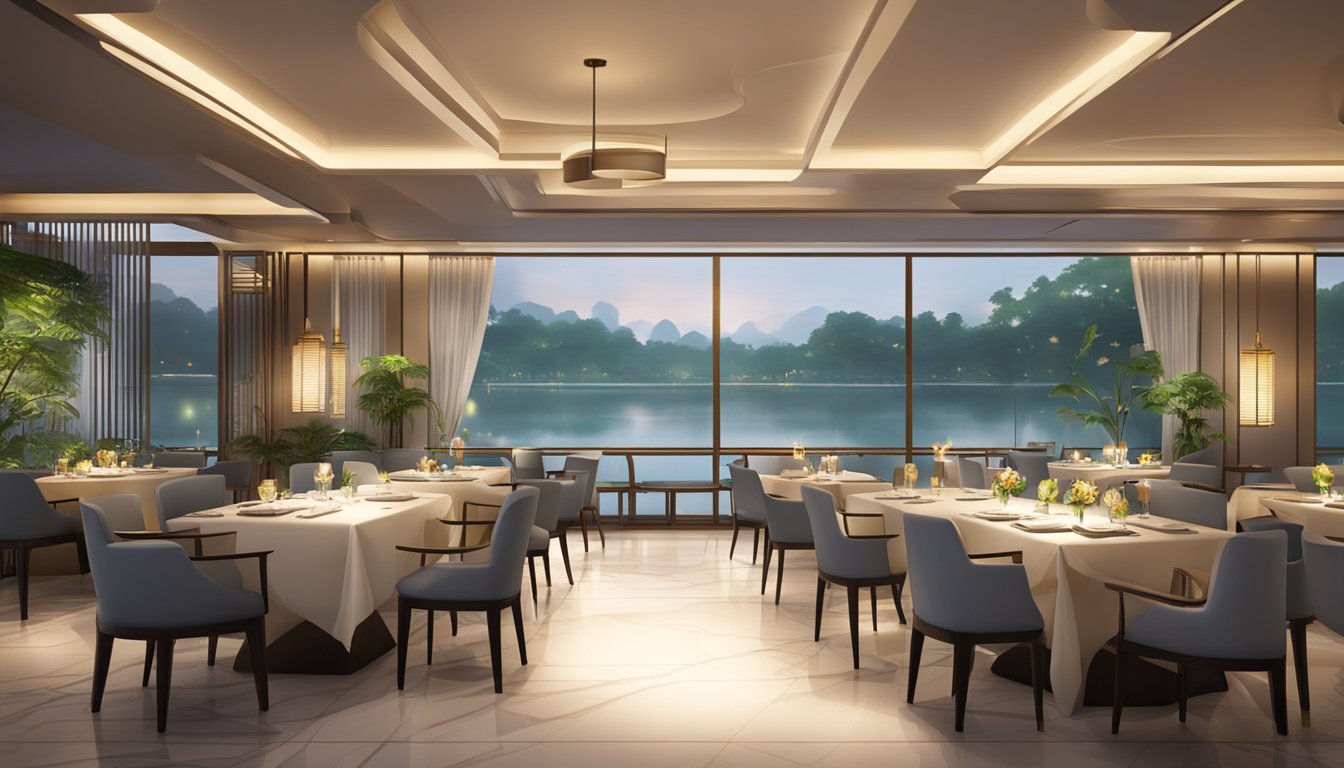 The lotus restaurant in Singapore exudes a serene atmosphere with soft lighting and elegant decor. The sound of gentle water features adds to the tranquil experience