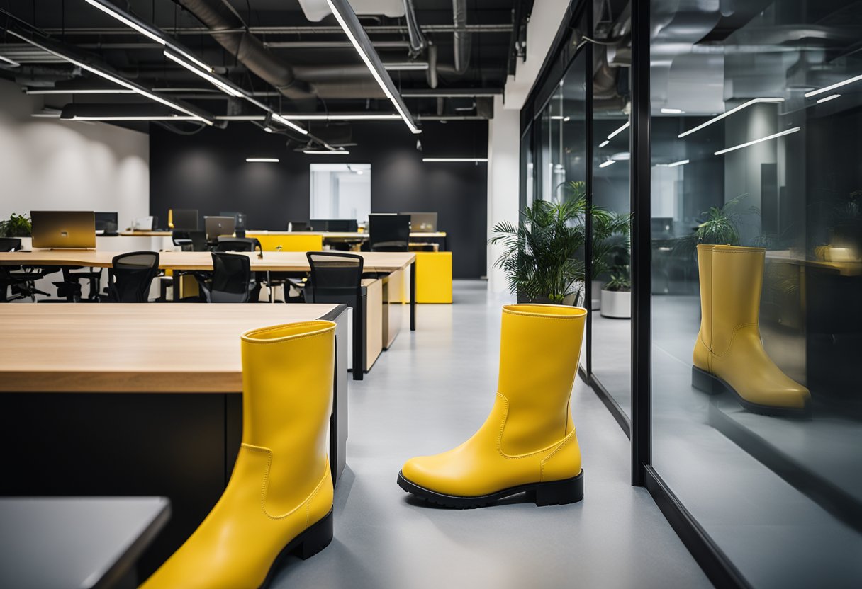 A modern office space with Yellow Boots branding, featuring sleek design elements and a welcoming atmosphere