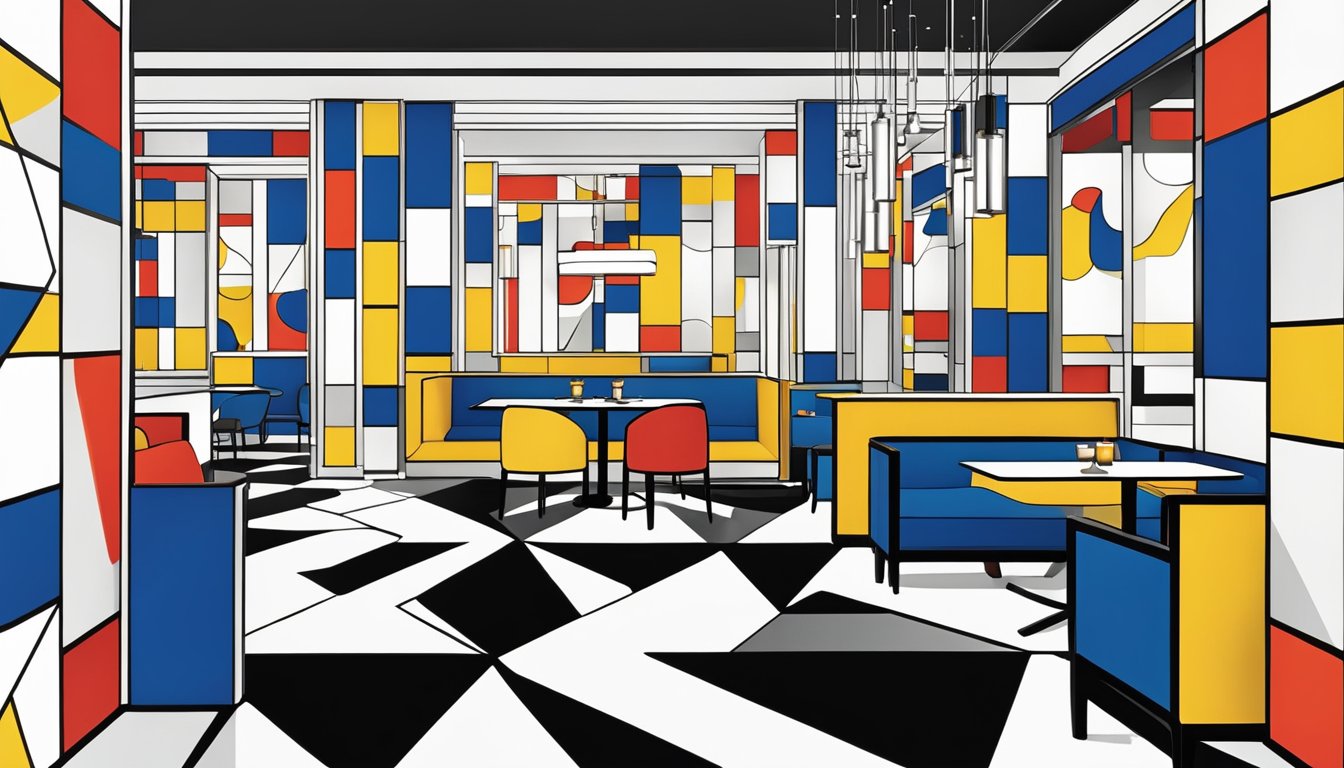 The Mondrian Hotel restaurant features a modern, minimalist design with bold, geometric patterns and primary colors. The sleek, contemporary furniture and clean lines create a stylish and sophisticated atmosphere