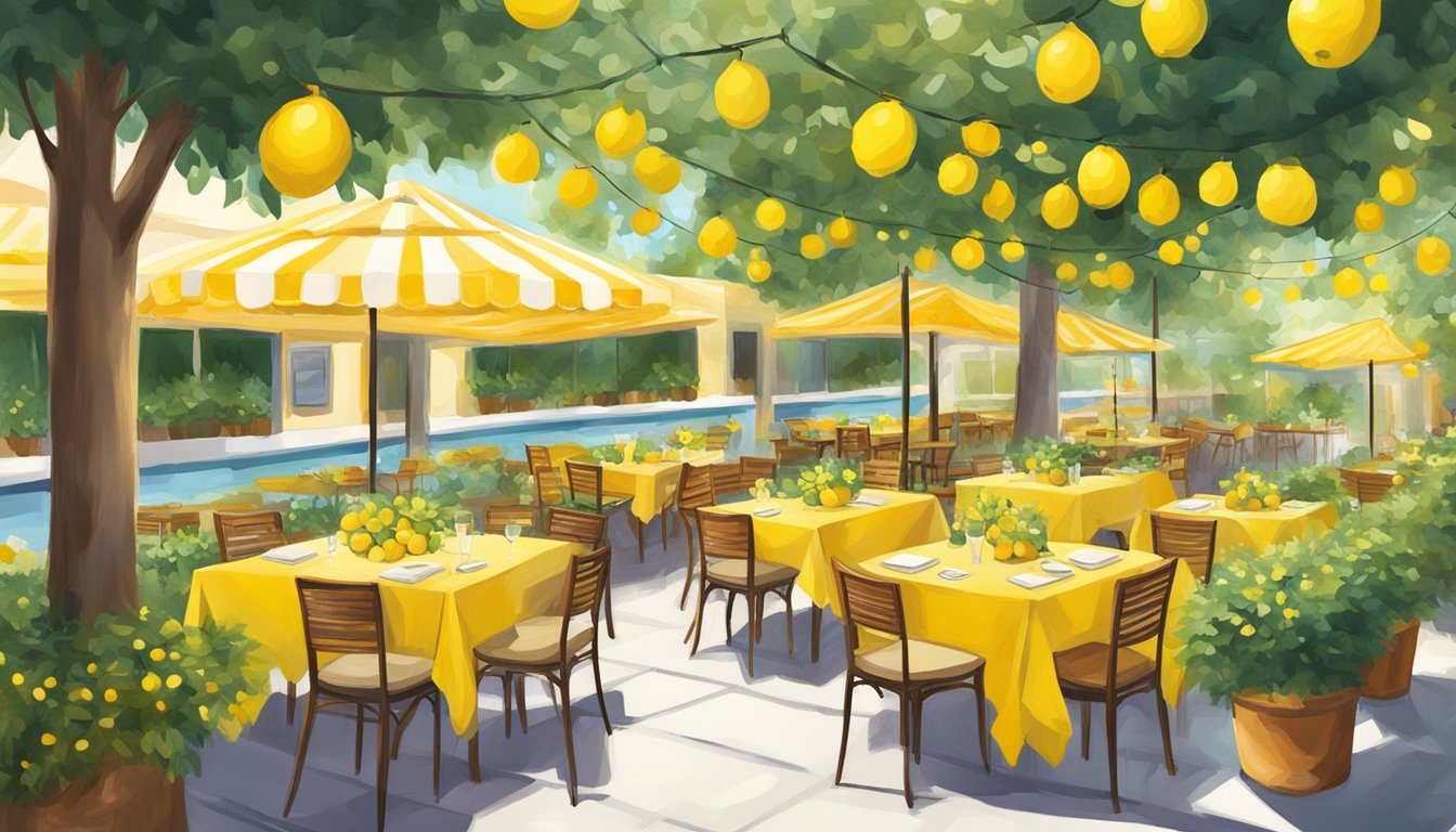 A bustling Limoncello restaurant, with vibrant yellow decor and cozy outdoor seating, surrounded by lemon trees and twinkling string lights