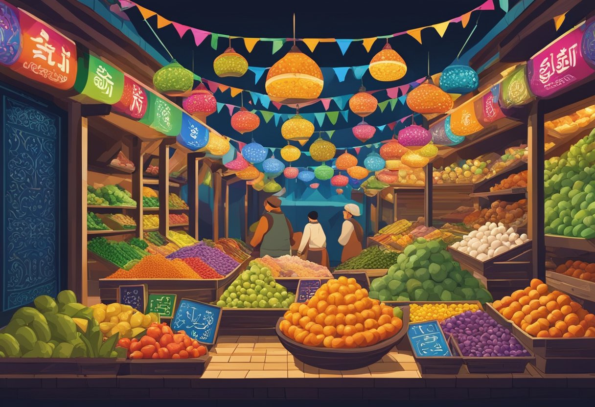A vibrant market stall displays a variety of colorful signs with Uzbek baby names written in bold lettering